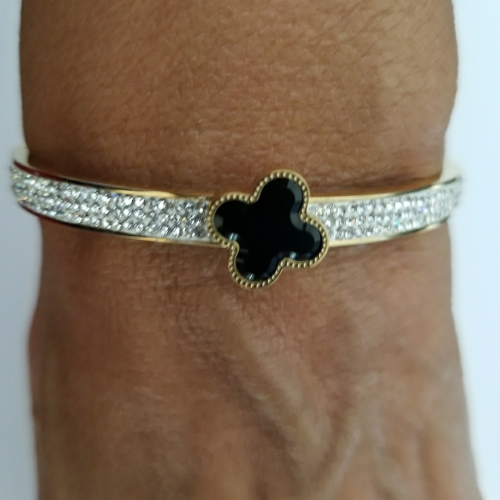 Clover Gold Bracelet With crystal Stone, Four Leaf Black Clover, - Picture 3 of 8